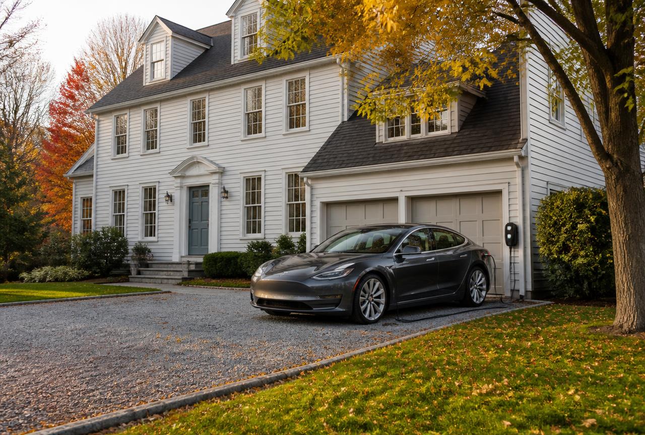 Electric vehicle charging from a wall-mounted home charger at a New England style house in Massachusetts.